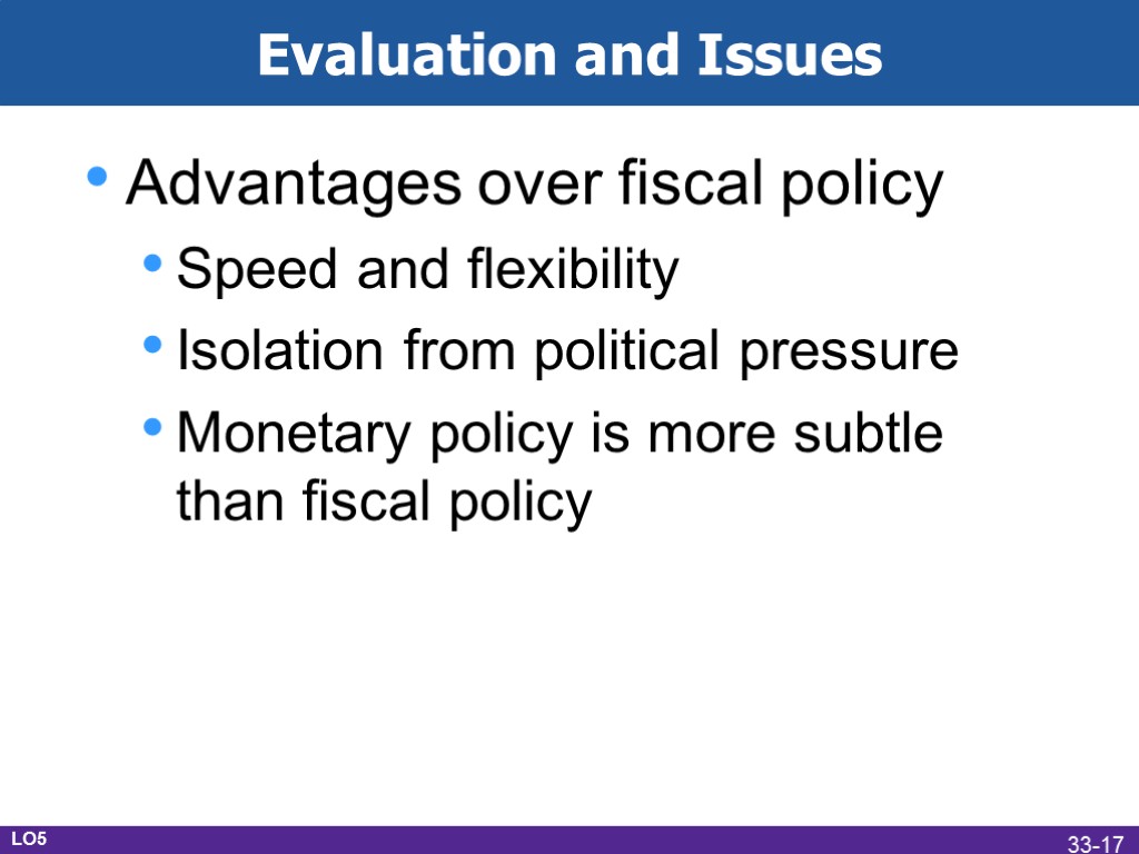 Evaluation and Issues Advantages over fiscal policy Speed and flexibility Isolation from political pressure